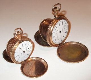 2 Antique Pocket Watches 1888 Waltham & Hampden Hunter Cases Gold Filled Not Wrk