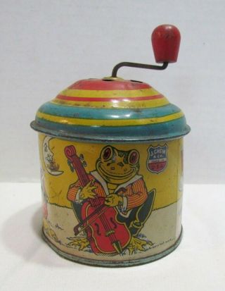 J.  Chein Tin Litho Frog Band Musical Toy Music Box Crank Handle C.  1930 