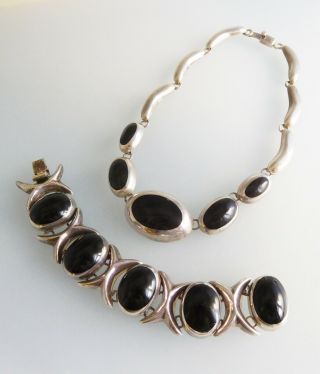 Vintage Sterling Silver Onyx Mexico Necklace Bracelet Set