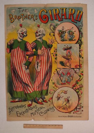 Rare Antique The Brothers Girard Circus Clowns French Lithograph Poster,  Ch Levy