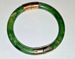 14 Kt Gold Solid Green Jade 3.  5 " Diam 42.  Grams 9.  2 Mm Thick Bangle Bracelet