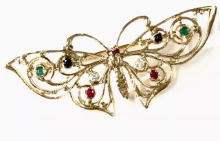 Vintage Irish 9ct Gold Emerald Ruby Sapphire Butterfly Brooch