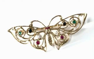 Vintage Irish 9ct Gold Emerald Ruby Sapphire Butterfly Brooch 2