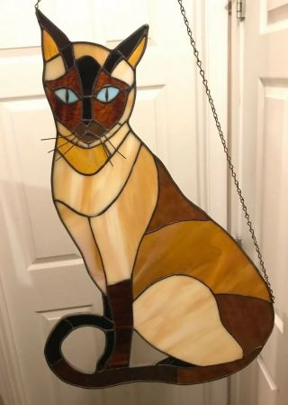 Vintage Large Siamese Cat Stained Glass Window Suncatcher 22” Tall 14.  5” Wide