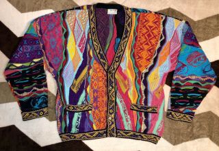 Vintage Rare 90s Coogi Australia Neon - Biggie Bright Cardigan Sweater Sz Large