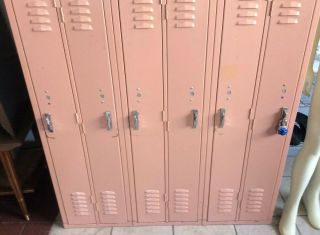 VTG Rose Pink Metal Steel School Gym Athletic Antique 6 Lockers W/Cubbies Berger 3