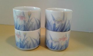 Japanese Tea Cup Set Of Four Cups Iris Flowers Gold Rim Made In Japan Porcelain