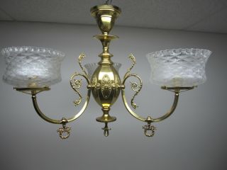 Antique 3 Arm Hanging Gas Fixture Ll Brass With Deep Etched Quilted Gas Shades