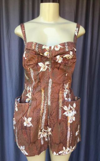 Vintage Alfred Shaheen (honolulu) 1950’s Brown Hawaiian Print Swimsuit Romper