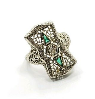 Vintage Art Deco Filigree 14k White Gold Diamond Emerald? Ladies Ring Size 4.  75