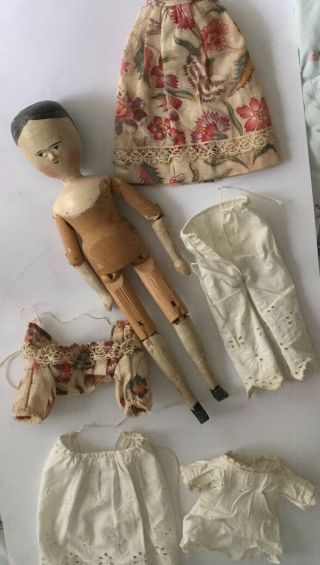 Large antique approx 15” Grodnertal jointed wooden peg doll ball joints dressed 2