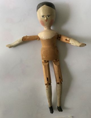 Large antique approx 15” Grodnertal jointed wooden peg doll ball joints dressed 3