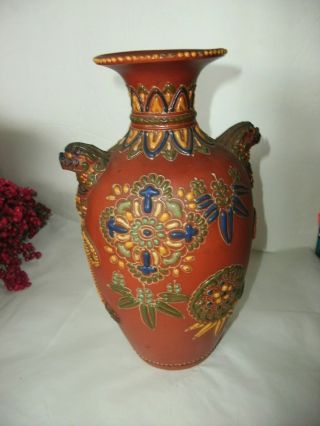 Vintage Japanese Moriage Red Clay Vase,  Foo Dog Handles,  Signed,  10 "