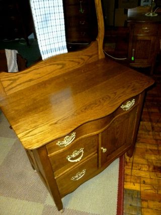 Antique Oak Washstand night stand cast brass pulls towel bar 1900 ' s USA 9