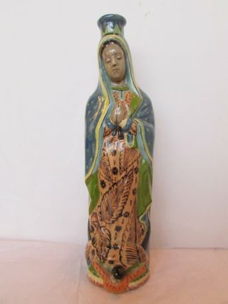 Vintage Tlaquepaque Mexican Clay Pottery Virgen De Guadalupe Holy Water Bottle
