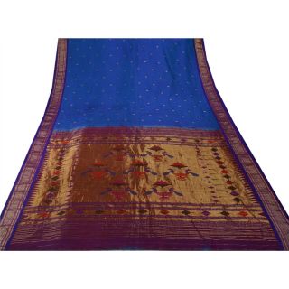 Sanskriti Vintage Blue Heavy Saree Pure Silk Zari Woven Craft Fabric Ethnic Sari 4