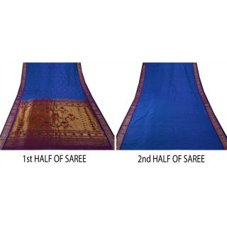 Sanskriti Vintage Blue Heavy Saree Pure Silk Zari Woven Craft Fabric Ethnic Sari 7