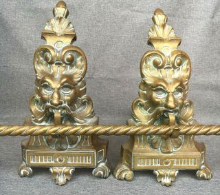 Big Antique French Andirons Crossbar 19th Century Fireplace Bronze Fawn Heads