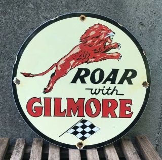 Vintage Gilmore Gasoline Porcelain Gas Sign Metal Motor Oil Pump Plate Lion Roar