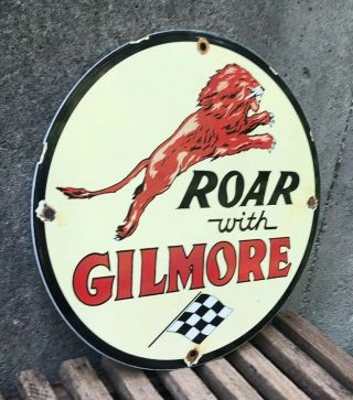 VINTAGE GILMORE GASOLINE PORCELAIN GAS SIGN METAL MOTOR OIL PUMP PLATE LION ROAR 2