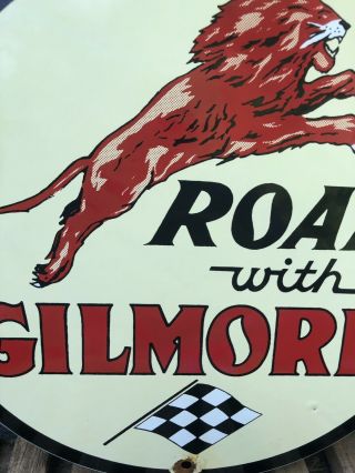 VINTAGE GILMORE GASOLINE PORCELAIN GAS SIGN METAL MOTOR OIL PUMP PLATE LION ROAR 6