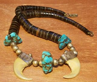 Vintage Old Pawn Native American Turquoise Silver Bear Claw Necklace Awesome