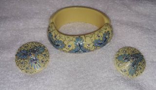 Gorgeous Vintage Rhinestone Handpainted Floral Clamper Bracelet & Earrings