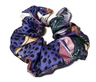 Hermes Handmade Vintage Silk Scarf Scrunchie In Purple,  Rose,  Black And White