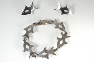 Vintage Design Taxco Mexican Sterling Silver Fish Set Mexico Earrings Bracelet