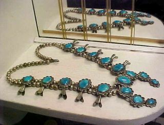 Vintage Navajo Bisbee Turquoise & Sterling Squash Blossom Necklace - S.  F.  Estate 5