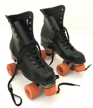 Vintage Roller Derby Mens Black Roller Skates Size 9 Orange Urethane 28 Wheels 2
