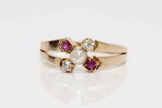 A Lovely Antique Edwardian 18ct 750 Rose Gold Pearl Ruby & Old Cut Diamond Ring