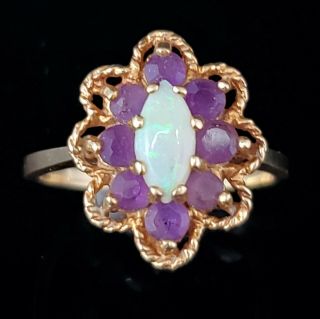 Opal Amethyst 14k Yellow Gold Ring Vintage Estate Purple Jewelry Gift Floral