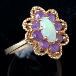 Opal Amethyst 14K Yellow Gold Ring Vintage Estate Purple Jewelry Gift Floral 2
