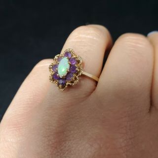 Opal Amethyst 14K Yellow Gold Ring Vintage Estate Purple Jewelry Gift Floral 8