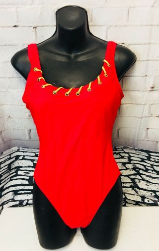 Nwot Vintage Sirena Lifeguard Red One Piece High Cut Bathing Suit Size 14 Women