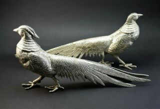 Good Large Vintage Italian Silver Plated Cock & Hen Pheasants Figurines