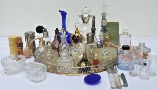 Joblot Vtg Antique Curio Perfumes Bottles Art Glass Crisytal,  Silver Platetray 30