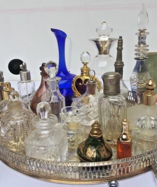 Joblot Vtg Antique Curio Perfumes Bottles Art glass Crisytal,  Silver PlateTray 30 5