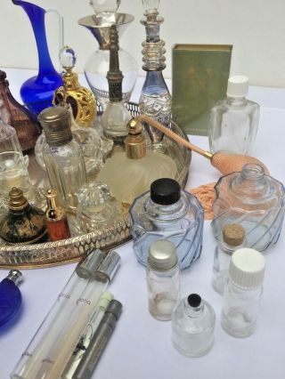 Joblot Vtg Antique Curio Perfumes Bottles Art glass Crisytal,  Silver PlateTray 30 6