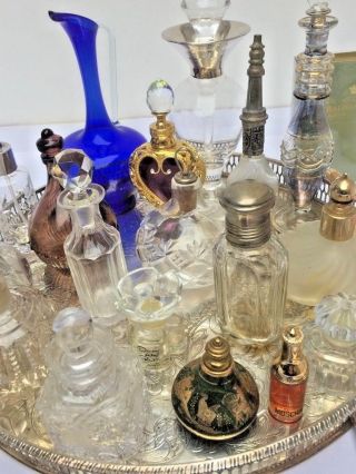 Joblot Vtg Antique Curio Perfumes Bottles Art glass Crisytal,  Silver PlateTray 30 7