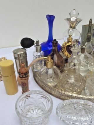 Joblot Vtg Antique Curio Perfumes Bottles Art glass Crisytal,  Silver PlateTray 30 8
