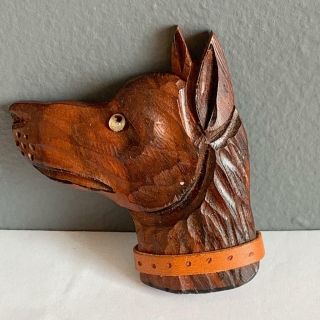 Vintage Art Deco Carved Wood Leather Collar Doberman Dog Pin Brooch