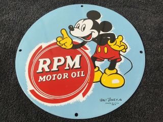 Vintage Rpm Motor Oil Mickey Mouse Porcelain Sign 12 " Gas Oil Pump Plate Rare Nr