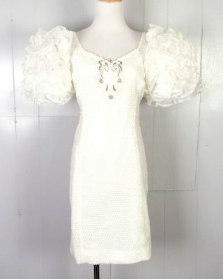 Vtg 80s Huge Puffy Shoulder White Sequin Prom Dress Minidress Beaded 7/8