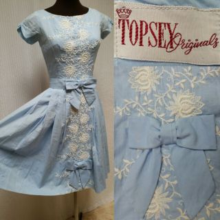 Vintage 50s Topsey Originals Blue With White Embroidery Full Dress - Size Xs