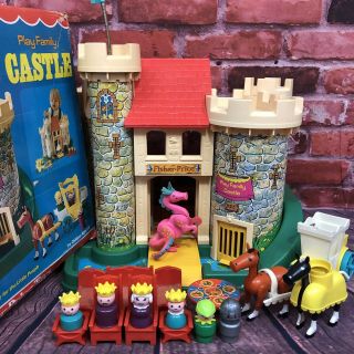 Vtg Fisher Price Little People Play Family Castle Pink Dragon Box 993 Complete
