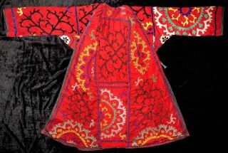 VINTAGE OLD GORGEOUS UZBEK SILK HAND EMBROIDERY ROBE CHAPAN JACKET CAFTAN A12732 3