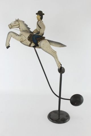 Vintage Cowboy On Horse 19 1/2 " Metal Folk Art Pendulum Balance Toy