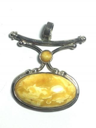 Vintage Large Sterling Silver Butterscotch Amber Necklace Pendant Signed Ak